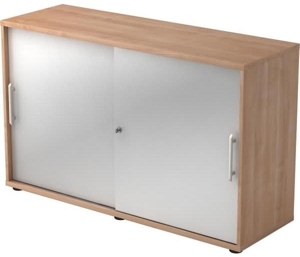 Schiebetürschrank 2 Ordnerhöhen, 120cm RE Nussbaum / Silber