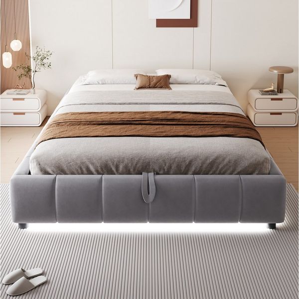 KLAM HOME Polsterbett Hydraulischer Schwebebettrahmen 140 x 200 cm, mit LED-Lichtleiste (Jugendbett mit Stauraum, ohne Kopfteil), für moderne Schlafzimmer & Jugendzimmer, Ohne Matratze
