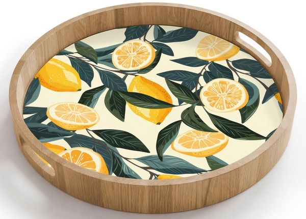OnlyWow Tablett Rund mit Henkel Zitronen - Früchte - Blätter - Gelb - Grün - Beige, Eichenholz, (1-tlg), Siervierplatte, Tray, Frühstücksbrett