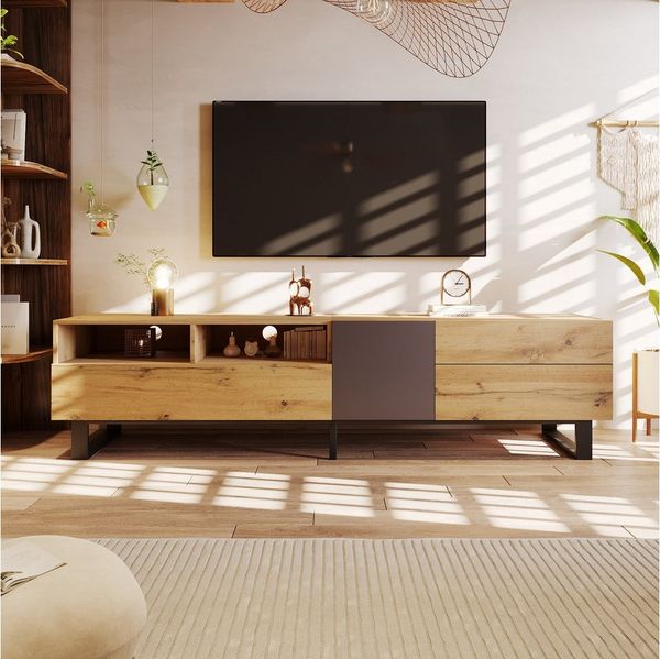 Furnishings Home TV-Schrank Holz-TV-Ständer und zwei Schubladen Schwarze Metallfüße (1-St) Stilvoll Er verfügt über leistungsstarke Aufbewahrungsfunktionen