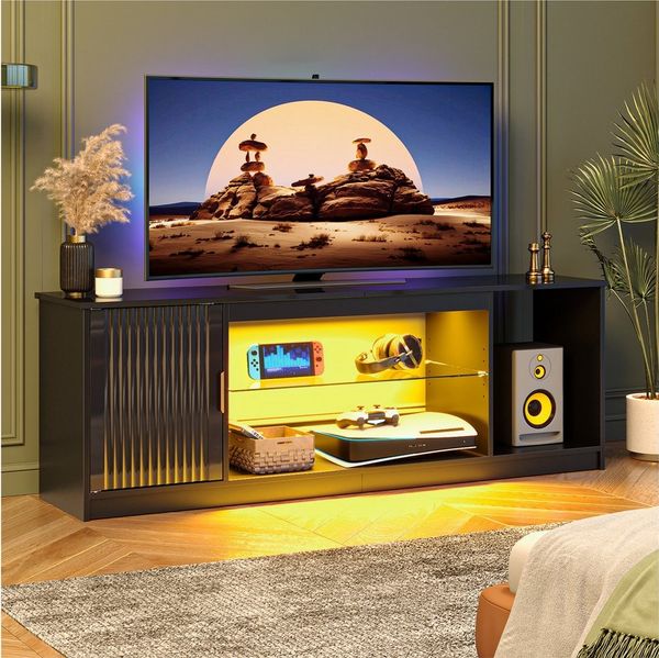 Bestier TV-Schrank Lowboard für 65 Zoll & kleinere TVs, 144.8 x 35 x 52 cm, (Fernsehschrank mit RGB-LED-Leuchten) Fernsehtisch mit verstellbaren Glasböden für Wohnzimmer, Schwarze