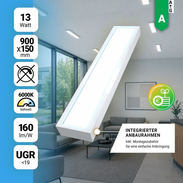 LED Anbaupanel 90x15 cm Tageslichtweiß 6000K 13W UGR