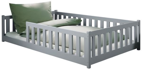 Kids Collective Kinderbett Bodenbett Bett mit Rausfallschutz & Lattenrost Montessori Bett Kinder (Jungen, Mädchen, Kinder, weitere Größen 80x160, 80x180, 90x190, 90x200, 140x200 cm), Jugendbett Gitterbett Einzelbett, Aschgrau Kiefer 120x200 cm