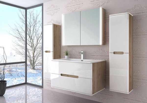 Homeline Badmöbel-Set Bad Möbelset Badezimmer Möbel Hochglanz 90 cm Eiche / Weiß Schwarz, (Spar-Set, 5-St, Fünfteiliges Set), Spiegelschrank mit Keramikbecken, Hochglanz
