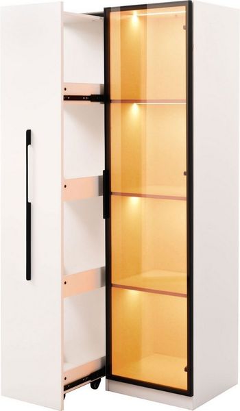 BlingBin Stauraumvitrine LED-Vitrine Multifunktionsschrank (1-St, mit warmgelben Aluminium-Lichtleisten, Soft-Close-Scharniere) Soft-Close-Scharniere, mehrfarbiger Beleuchtung & Kippschutz
