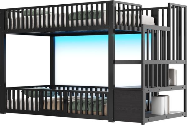 90x200 Etagenbett mit Stauraumleiter, mit LED, Schwarz.