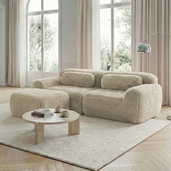 Ecksofa aus Plüschstoff, modular, L-Form oder 2-Sitzer, 204×179×73, Hellkhaki