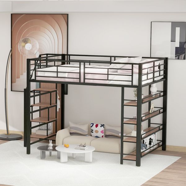 Hochbett 140x200 cm – Metalllgestell mit Stauraumtreppe, hoher Rausfallschutz und kleinem Kleiderschrank, schwarz