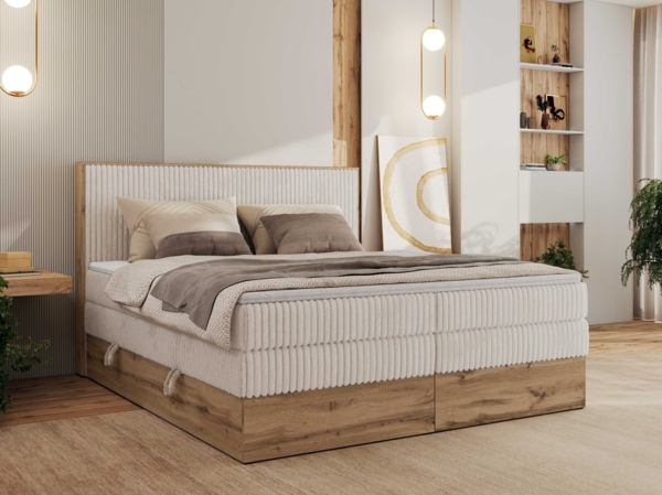 Boxspringbett, Set mit zwei Multipocket-Matratze und Topper, hohe Kopfteil, Eiche Wotan Holzrahmen - WOOD CLASSIC KING - 160 x 200 cm - Beige Cord - H4