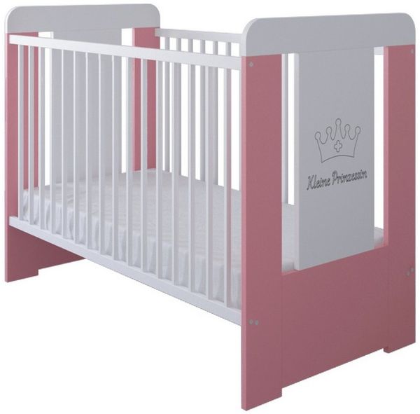 Kids Collective Babybett Gitterbett höhenverstellbar, herausnehmbare Sprossen, Kleine Prinzessin Gravur 60x120 weiss pink Mädchen, mit Matratze