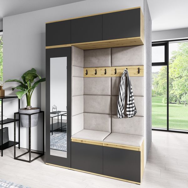 Garderoben-Set MIKA, Kleiderschrank mit Polsterplatten Schuhschrank Schrankaufsatz Hängeschrank Flur und Eingangsbereich Artisan/Schwarz, Trinity 01, 225 x 40 x 145 cm