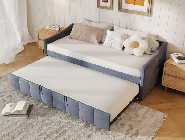 FUROKOY Schlafsofa Daybett Tagesbett Ausziehbares mit Bettfunktion, 90x200 cm,Multifunktionsbett,Grau,Samt,mit Seitentaschen