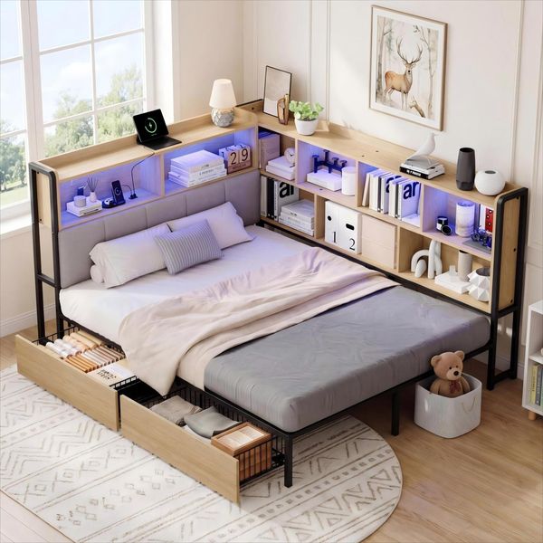 Merax Doppelbett, Polsterbett, Daybett, Schlafsofa, 140x200cm, mit LED-Beleuchtung, USB&Typec-Ladestation, Tagesbett, Jugendbett mit 2 Schubladen und Lattenrost aus Metall, Kopfteil mit Stauraum, naturfarbe