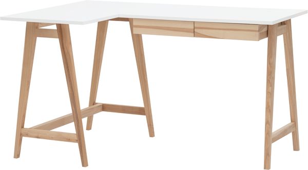 Ragaba Eckschreibtisch mit 2 Schubladen und Fußstütze, MDF & Massives Eschenholz, 135x85 cm, Weiß, Links