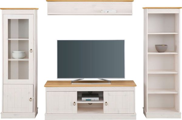 Home affaire Wohnwand Indra, (Set, 4-St), 4-teiliges Set: Vitrine, Lowboard, Wand- & Standregal, Kiefer massiv