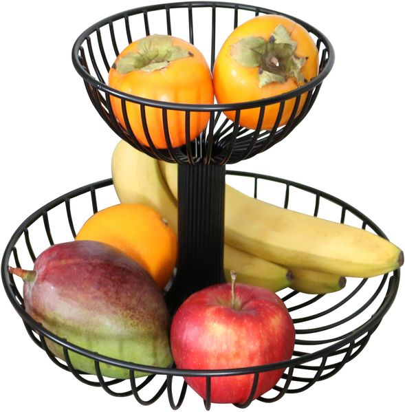Obst Etagere, Obstschale, Drahtkorb rund, Ø ca. 18 und 30 cm, schwarz matt