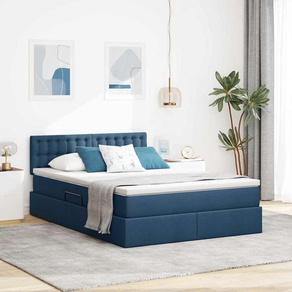 vidaXL Bett mit Stauraum und LED mit Matratze Blau 140 x 200 cm Stoff 3371279