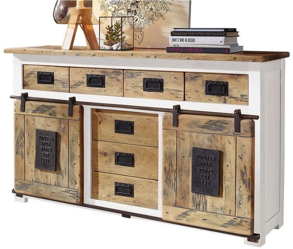 Massivart® Sideboard EMANUEL 150 cm / Massivholz Mango weiß / 2 Rolltüren, Türapplikation aus Gusseisen / Beschläge und Schienen aus Eisen
