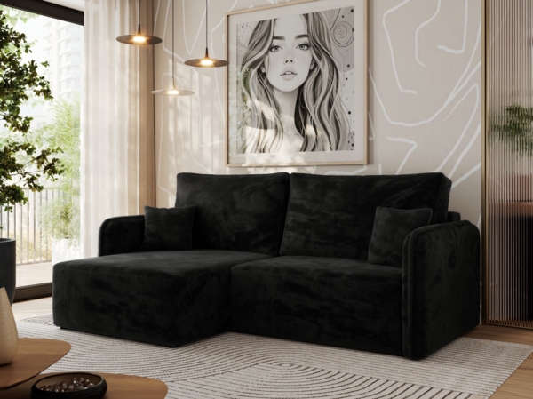 L-förmiges Ecksofa mit Armlehnen, für das Wohnzimmer, Schlaffunktion und Bettkästen, Wellenfeder am Sitz, losen Kissen - MESTO - Schwarz Plüschstoff - linke Seite