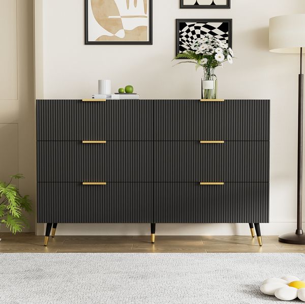 Sideboard 120 x 40 x 77 cm in Schwarz mit 6 Schubladen, Wellenfront und goldfarbenen Beinen