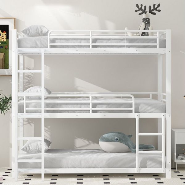 Merax Etagenbett Hochbett Dreifach-Kinderbett aus Stahl, Jugendbett Metallbett 90x200cm mit 3 Liegeflächen, Leiter & Geländer