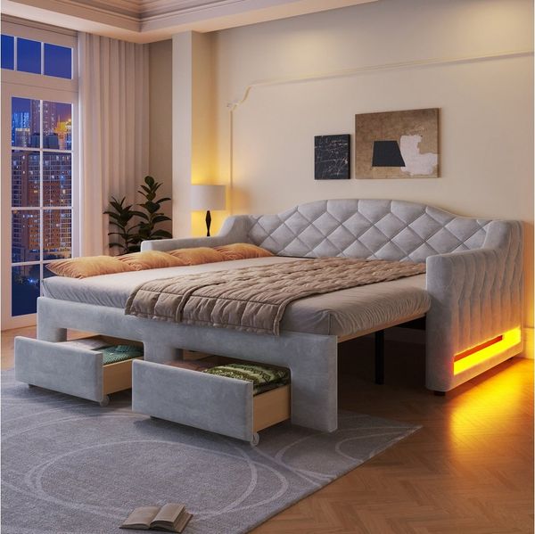 Flieks Daybett, Polsterbett Tagesbett 90/180x200 cm mit Schubladen und LED-Beleuchtung