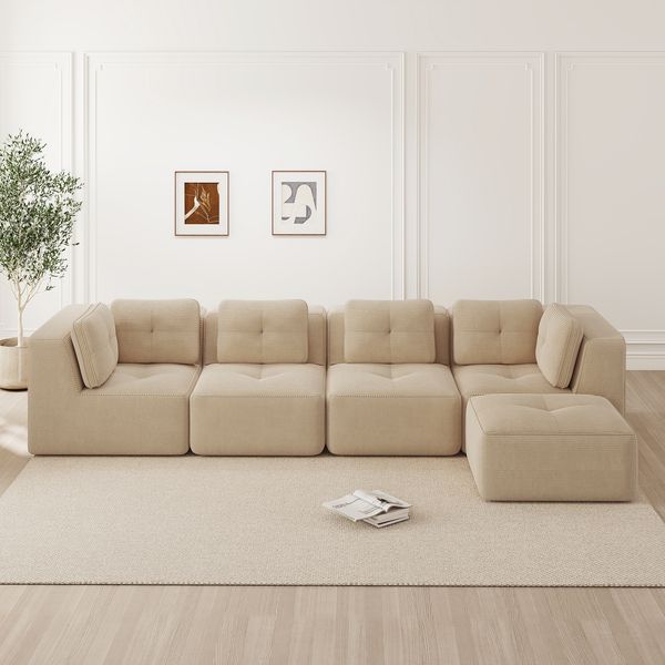 Flieks 4-Sitzer Modulares Sofa mit Hocker, Cloud Sofa Cord rahmenlos, Lounge Sofa bodennah, mit breiten Armlehnen, Beige