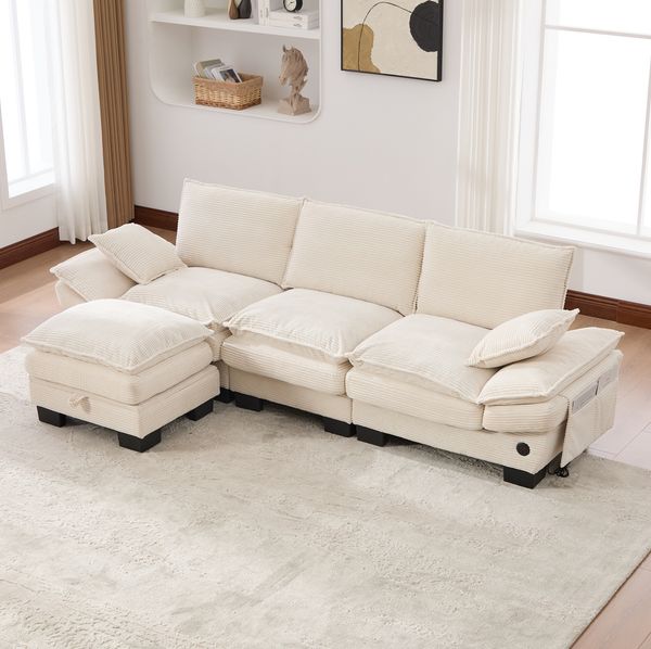 Modulares 3-Sitzer Sofa 260 x 132 x 84 cm mit Hocker, USB-C-Anschluss, Seitentaschen und Stauraum