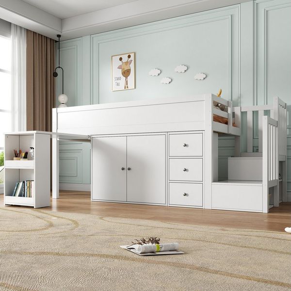 Odikalo Hochbett Kinderbett Ausziehbarem Schreibtisch Treppeschrank Ohne Matratze90x200