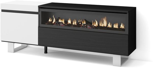 Skraut Home | TV-Schrank, Lowboard | für Wohnzimmer und Esszimmer | 150 x 57 x 35 cm | Für TV-Geräte bis zu 65" | Elektrokamin. Maße | Industriedesign | Moderner Stil | Weiß und Schwarz