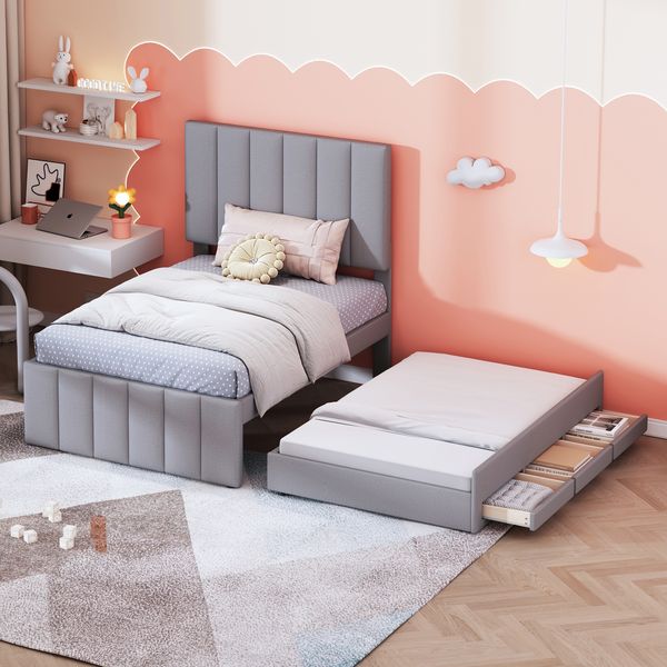 Ausziehbett 90/190×200 cm mit 3 Schubladen, höhenverstellbarem Kopfteil, Grau, ohne Matratze
