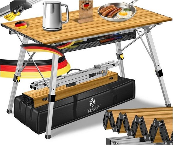 KESSER® Campingtisch faltbar Klapptisch mit Aluminiumrahmen Aufrollbare Tischplatte Falttisch klappbar inkl. Tragetasche mit Trageband & Netztasche, Holz-Optik Braun / Silber, 120 cm Bild 4