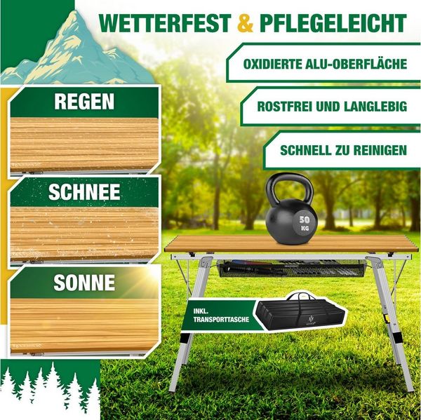 KESSER® Campingtisch faltbar Klapptisch mit Aluminiumrahmen Aufrollbare Tischplatte Falttisch klappbar inkl. Tragetasche mit Trageband & Netztasche, Holz-Optik Braun / Silber, 120 cm Bild 3