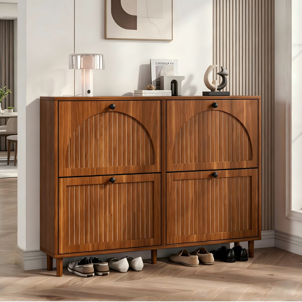 Merax 120cm Schuhschrank Schuhregal, 4 Kipptüren mit 8 Fächern, mitSchwarzer runder Griff, MDF, Walnussholzfarbe