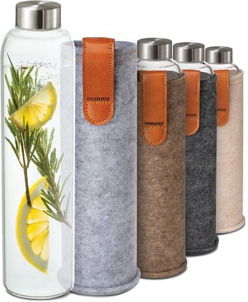 Cosumy Trinkflasche Trinkflasche aus Glas mit Filzbeutel 750ml - Spülmaschinenfest, Hellgrau - BPA-freie Wasserflasche - für Kohlensäure geeignet