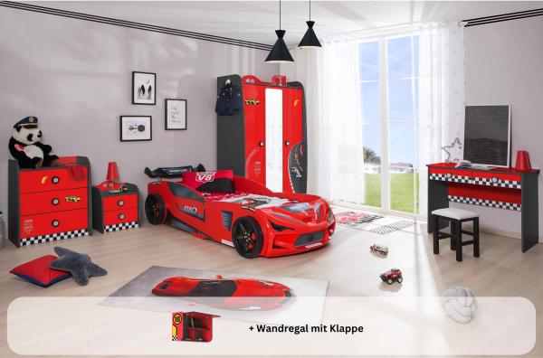 Kinderzimmer komplett Set Autobett Rio 5 teilig Rot ohne Sportsitze, ohne Matratze, ohne Bettwäsche, Wandregal mit Klappe