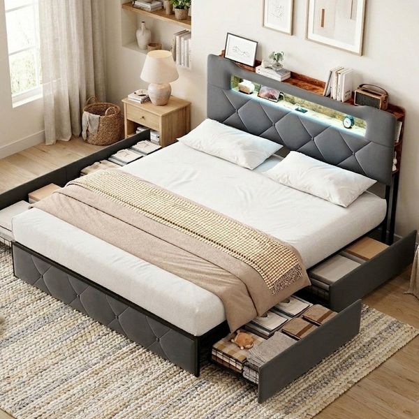 zebery Stauraumbett Polsterbett Doppelbett Mit LED und USB+Typ C (1-tlg), 140x200 cm,Samtstoff,Mit Kopfteil und Bettgestell,Grau