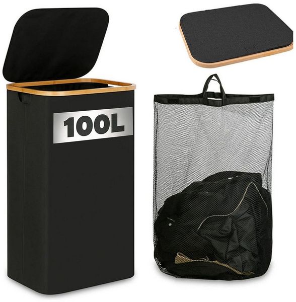 SURFOU Wäschekorb Wäschesammler mit Deckel Laundry Baskets Waschesammelbox Wäschetonne (100L Große Speicherkapazität Faltbarer Wäschesack aus Oxford-Gewebe Bambus Wäschebox mit Griff, Grau/Schwarz, Laundry Baskets, Wäschetonne für Schmutzwäsche, mit he...