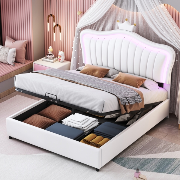 Weiß Rosa Prinzessinnen Bett 140x200 cm Mit Hydraulischem Stauraum Und LED Beleuchtung Kinderbett Mit Krone Muschel Design Märchenbett Mit RGB Licht