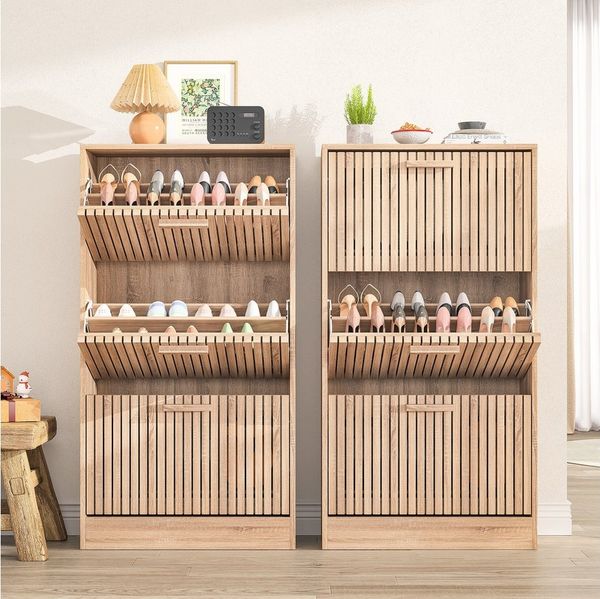 PXloue Schuhschrank mit 2 Klappen Schuhregal Schukipper( mit Kippsicherung) Schuhkommode im Flur Diele,Trennwand verstellbar, 113x24x60cm