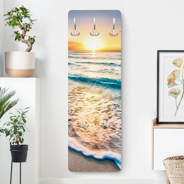 Bilderdepot24 Garderobenpaneel blau Natur Strand Meer Sonnenuntergang am Strand Design (ausgefallenes Flur Wandpaneel mit Garderobenhaken Kleiderhaken hängend), moderne Wandgarderobe - Flurgarderobe im schmalen Hakenpaneel Design
