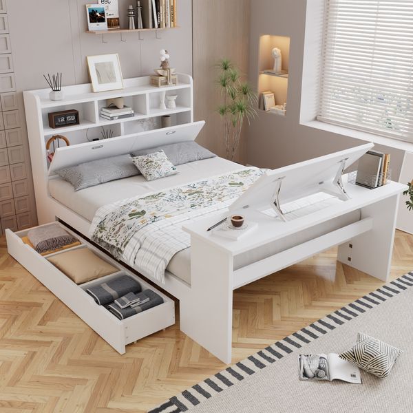Merax Doppelbett 140 x 200cm, Jugendbett mit Stauraum, Bettgestell mit Kopfteilregal, ausziehbarer Schublade und verstellbarem Klapptisch, flexible Schubladenmontage, Weiß