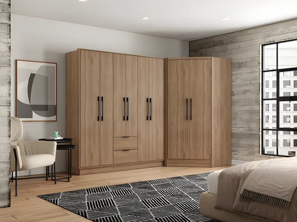 Vente-unique - FEOVA Wardrobe and walk-in wardrobe Holz, Platte Beige - B 101,5 cm x H 182 cm x L 263,5 cm