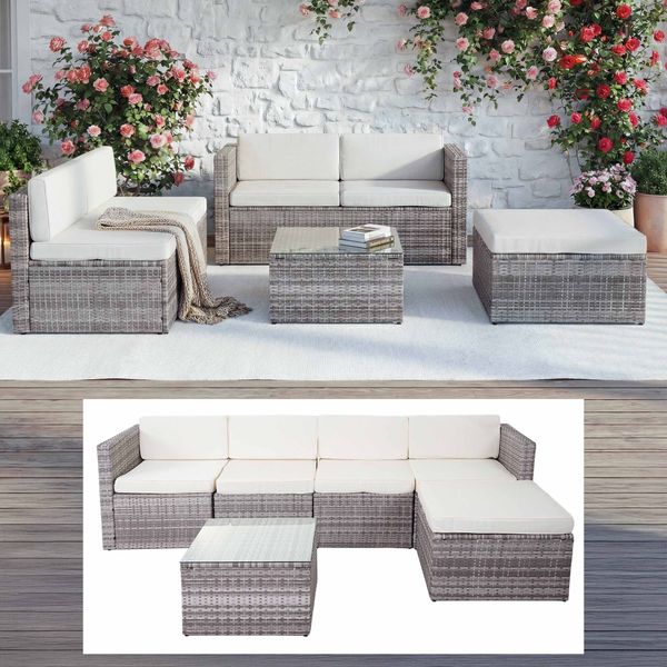 Poly-Rattan-Garnitur HWC-D24, Garten-/Lounge-Set Sofa ~ grau, Polster creme