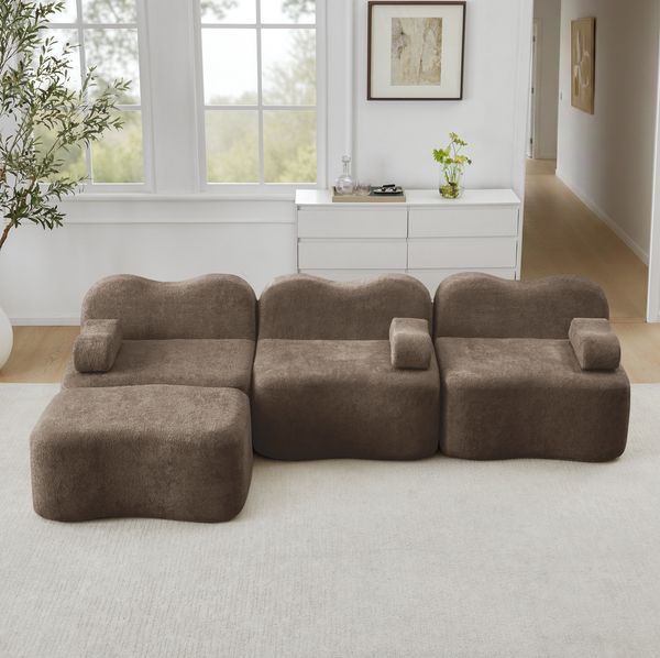 Ecksofa modular 70cm×288cm×167cm in Braun – rahmenloses Wohnzimmersofa aus Samt mit tiefer Sitzfläche und Hocker