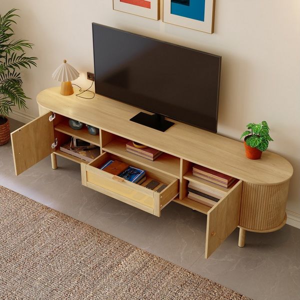 Merax Lowboard mit Abgerundete Struktur (1 St), TV-Schrank mit Rattanschubladen & Metallbeine mit Holzmaserung,B:175cm