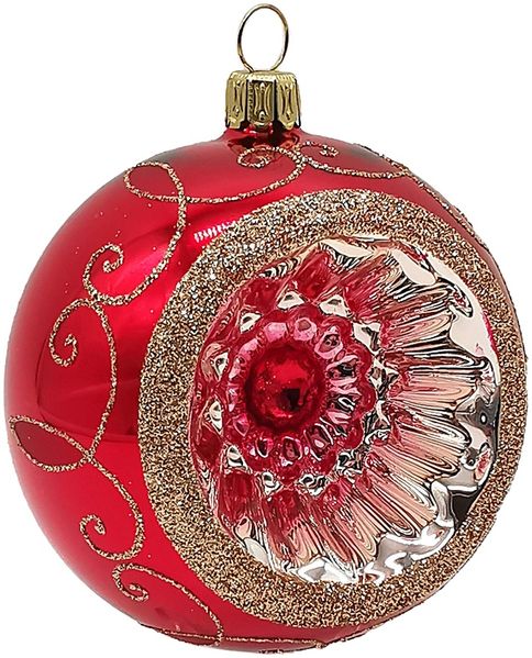 Reflexkugel Ø 8cm, Rot glanz, Spitzenbordüre - Schatzhauser Weihnachtsschmuck