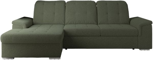 L-förmige Ecksofa mit gesteppter Sitzfläche und Rückenlehne, verstellbare Rückenkissen, Schlaffunktion und Bettkasten - MADRITO - Grün Boucle - linke Seite Bild 5
