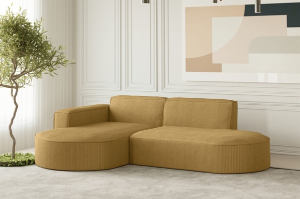 Ecksofa Designersofa PALMA XS in Stoff Scala Senfgelb Ottomane Links