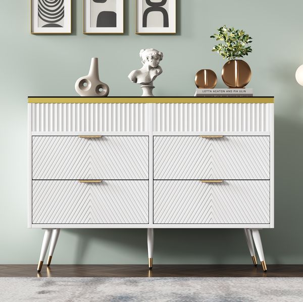 Bett 120x40x76 cm mit Glasfront und 6 Schubladen – elegantes Sideboard in Weiß